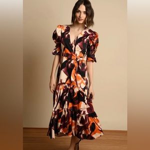 Hutch Marisol wrap dress. Orange, tan and black/ purple .